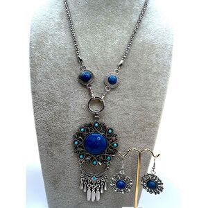 NEW Silver Tone Turquoise Necklace Earrings Jewelry Set Bohemian